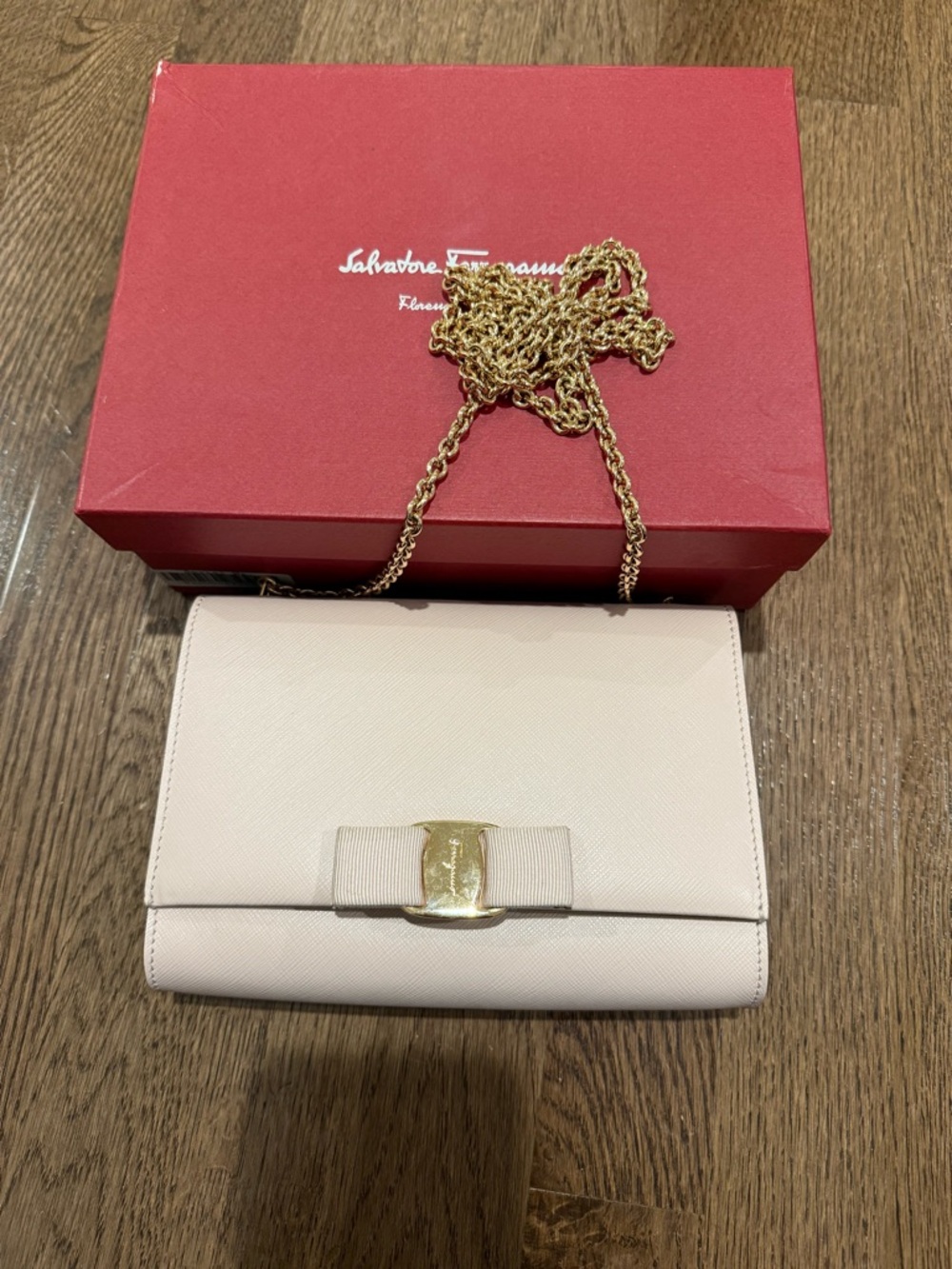 Salvatore Ferragamo Pale Pink Vara Bow Chain Crossbody